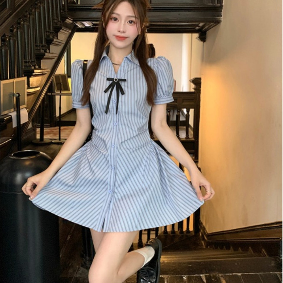 小个子学院风套装收腰显瘦裙子条纹衬衫连衣裙女新款夏季高腰短裙