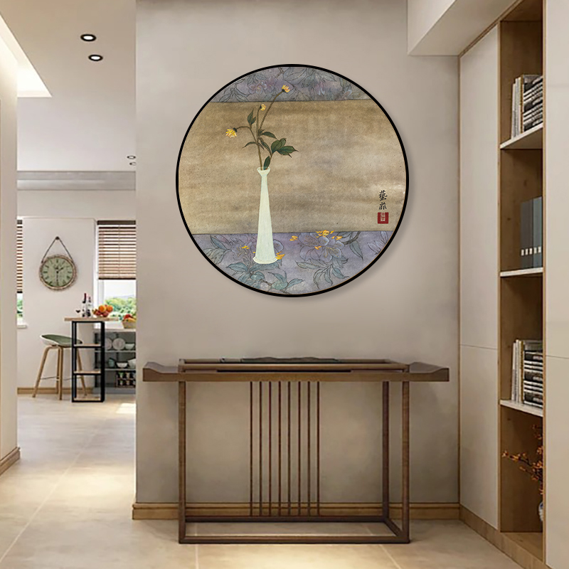 新中式中古风禅意装饰画新古典瓶中花艺术画餐厅书房茶室圆形挂画图片