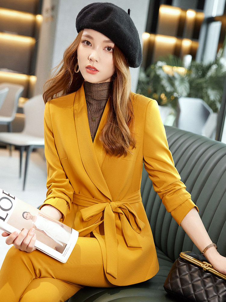 초가을 여성을위한 노란색 작은 정장 정장 새로운 한국 스타일 캐주얼 레이스 업 정장 재킷 하이 엔드 전문 정장