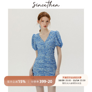 碎花裙子蓝色小个子褶皱连衣裙女夏季 包臀裙夏法式 短款 sincethen