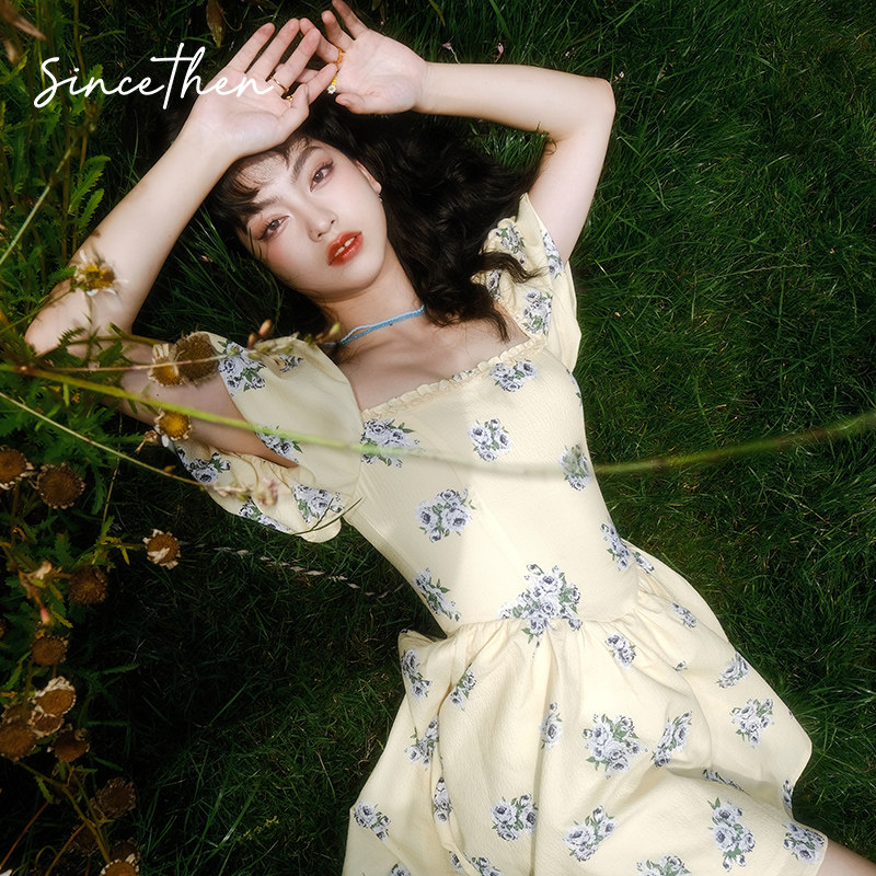 sincethen花的白描法式方领泡泡袖连衣裙女气质茶歇裙夏复古裙子