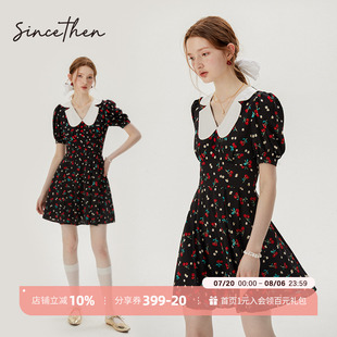 新款 sincethen 娃娃領(lǐng)碎花裙法式 黑色裙子小個(gè)子短裙連衣裙女夏季