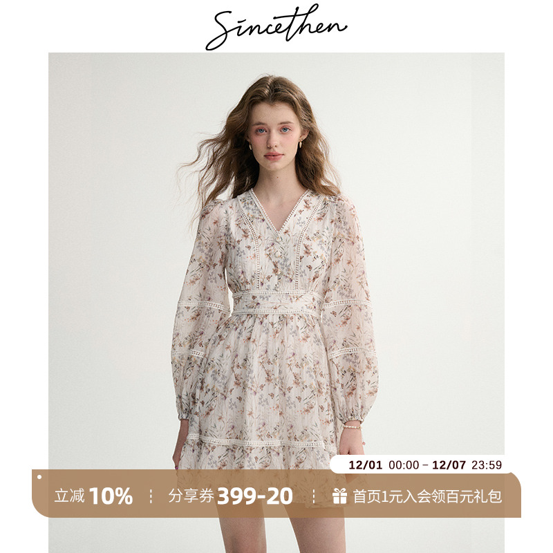 sincethen法式碎花连衣裙女秋冬