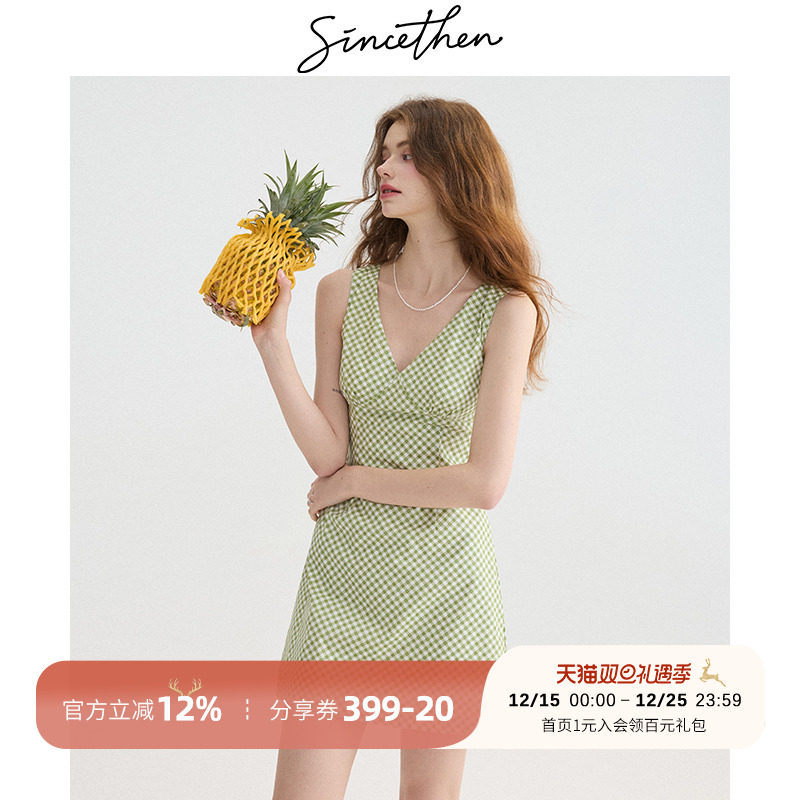 sincethen法式复古格子连衣裙夏