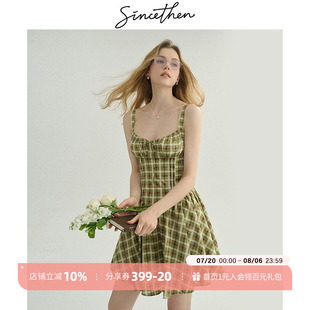 sincethen 法式 吊带裙海边度假短裙仙女裙子短款 格子连衣裙女夏季