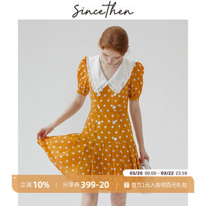 sincethen甜心教主法式波点百褶裙复古甜美娃娃领短款连衣裙女夏