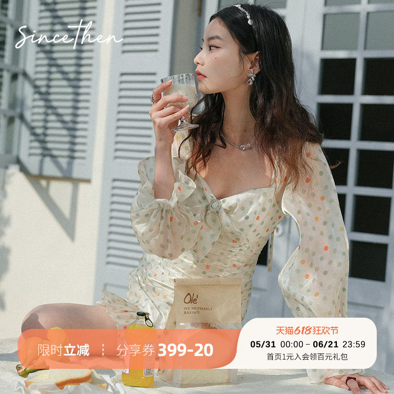 sincethen甜蜜果茶纯欲连衣裙度假风女泡泡袖法式长袖裙子