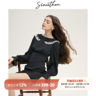 小短裙女秋季 sincethen法式 复古穿搭波点黑色连衣裙蕾丝裙子长袖