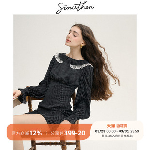 小短裙女秋季 sincethen法式 复古穿搭波点黑色连衣裙蕾丝裙子长袖