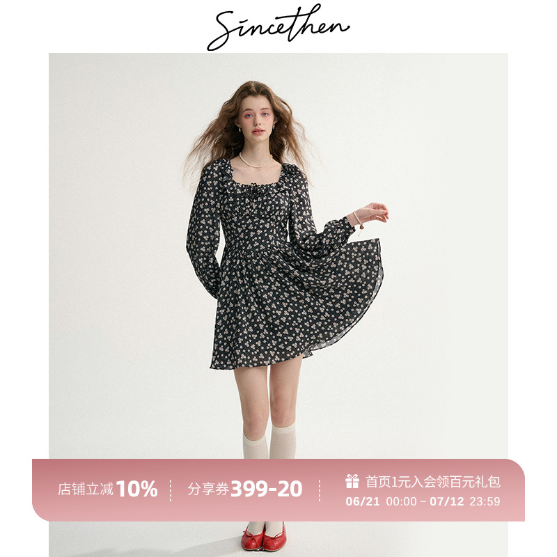 sincethen 方领碎花裙法式初春黑色千金裙子短裙连衣裙女秋冬短款