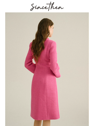 Длинная шерстяная юбка, розовый лонгслив, платье, французский стиль, средней длины, в стиле Шанель