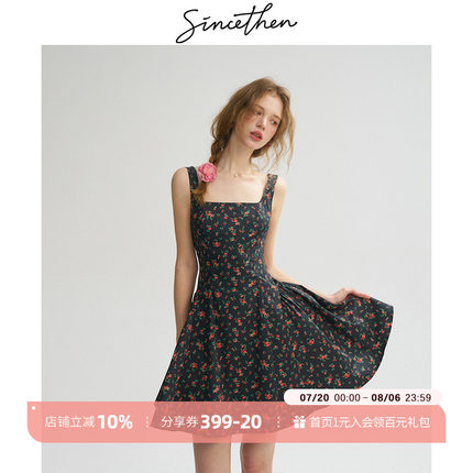 sincethen 法式复古碎花吊带连衣裙无袖短款短裙小个子裙子女夏季