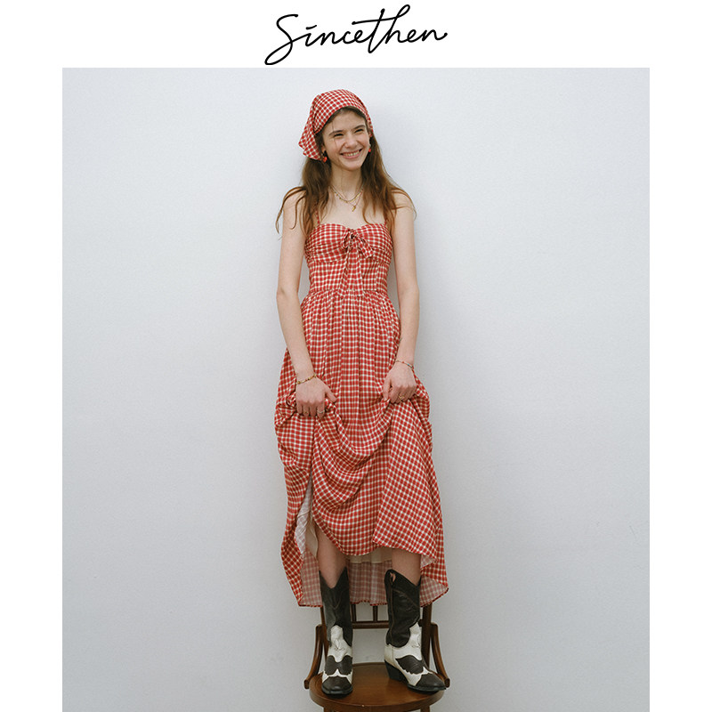 sincethen苹果蜂蜜法式复古吊带裙红色格纹连衣裙百搭长裙裙子女