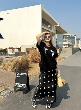 LTGIRL东大门2024小众设计圆点黑白撞色修身显瘦百搭春夏半身裙女