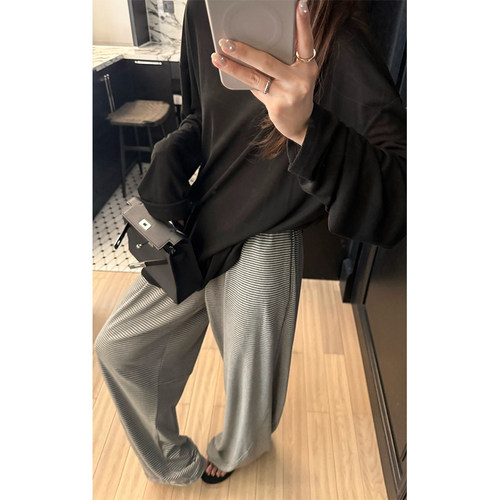 2026LTGIRL秋季条纹阔腿裤松弛感垂感休闲裤显瘦百搭直筒拖地长裤