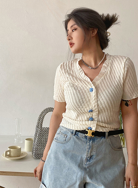 LTGIRL2024清新设计感纽扣可爱大码短款上衣小众显瘦短袖针织开衫