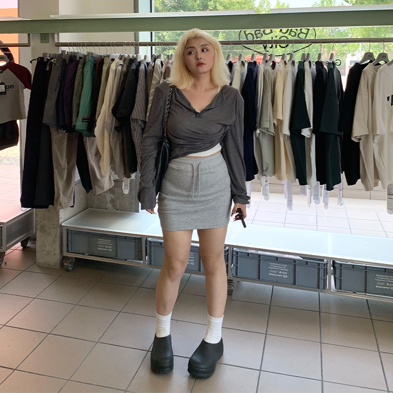 LTGIRL大码胖mm甜辣休闲风灰色抽绳运动半身裙夏季高腰包臀短裙子