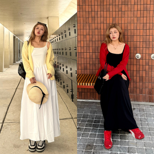 LTGIRL秋季新款白色吊带连衣裙女宽松长袖休闲风百搭显瘦黑色裙子