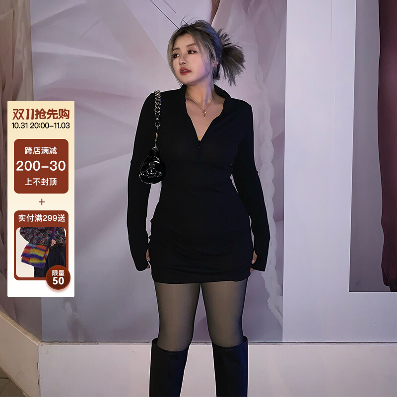 LTGIRL显瘦欧美街头辣妹紧身包臀裙大码设计感拉链短裙长袖连衣裙