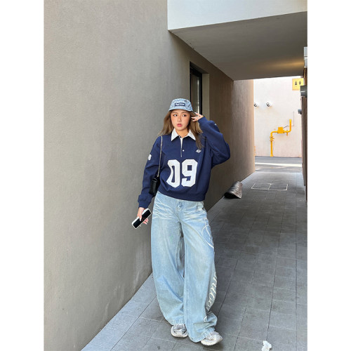 LTGIRL2026早秋大码简约美式设计感印花高街宽松百搭阔腿牛仔裤