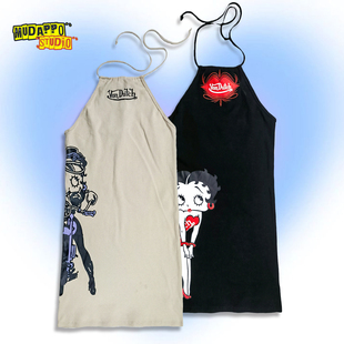 辣妹印花收身性感露背挂脖连衣裙 美式 量少 美国单von联名BB新款