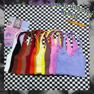 仅一批 复古纯欲辣妹紧身性感露脐露背挂脖背心纯色吊带 美式