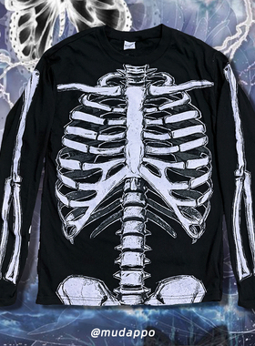 没几件美国暗黑风X光骨头脊椎骷髅宽松丧系男女初秋长袖T恤薄卫衣