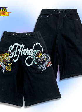 仅42条 美国单美式复古老虎刺绣印花男女同款直筒宽松牛仔短裤潮