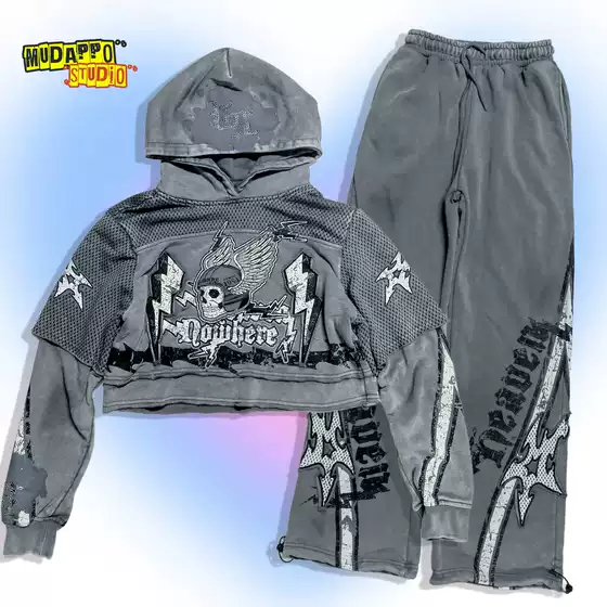 American Single Skull Print Distressed Wasteland Style Hotfix Rhinestone Baddie Two-piece Look Hoodie Jumpsuit with Casual Pants