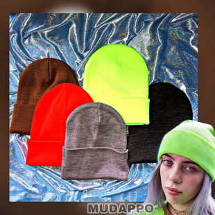 清仓价 出口单加厚纯色针织帽复古荧光绿swag针织帽子冷帽滑雪帽