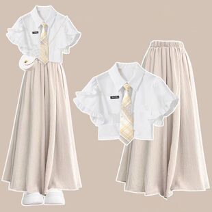 女童2026夏季款多巴胺学生小飞袖衬衫女+领带+杏色宽松裤裙三件套