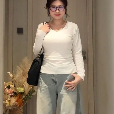 大码女装胖mm纯棉正肩美式长袖秋冬T恤打底新款修身设计显瘦上衣