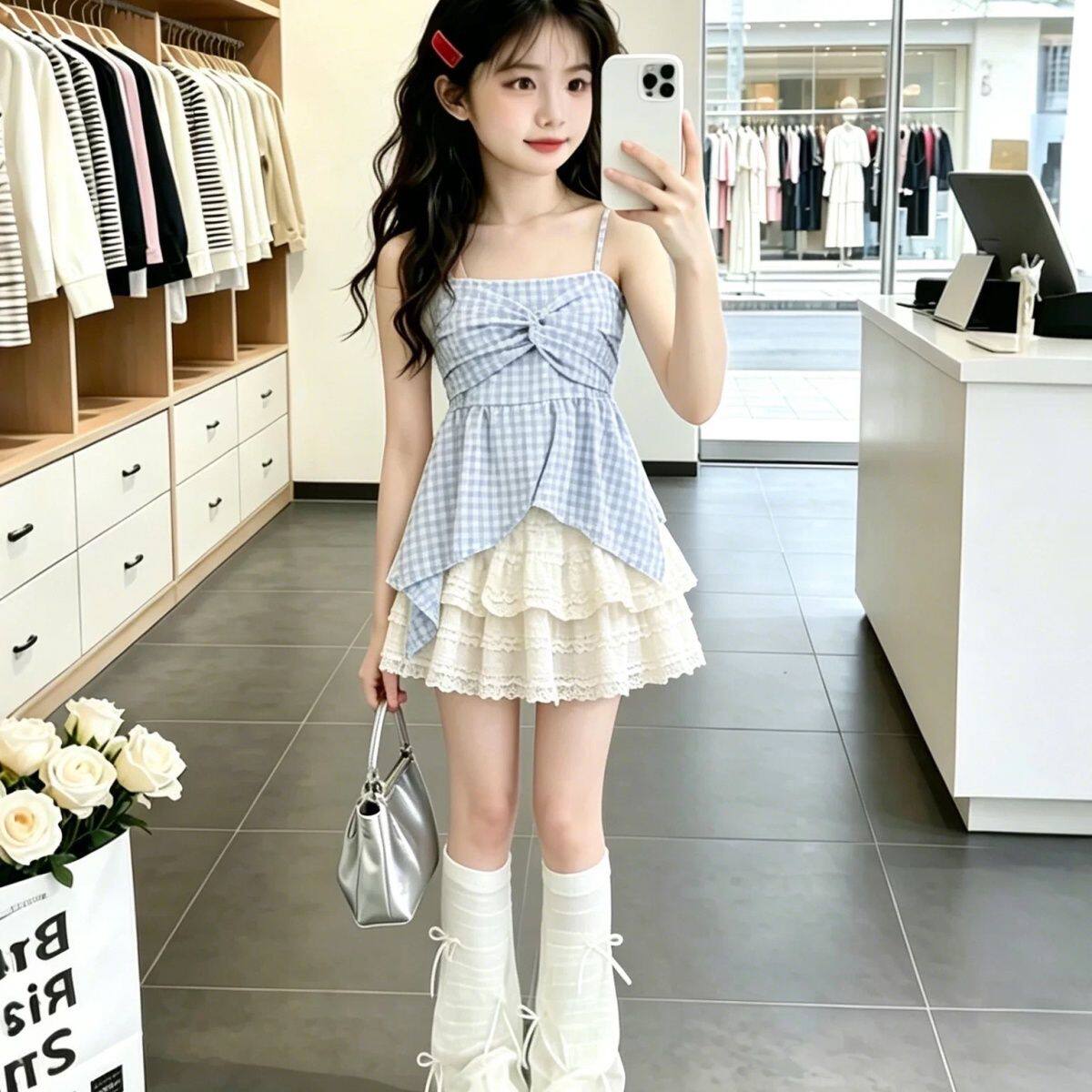 夏季甜美海滩吊带蛋糕裙女童套装图片