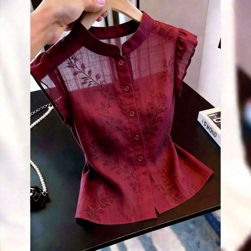 小个子新中式酒红暗小衫女装夏季立领飞飞袖收腰显瘦改良百搭上衣