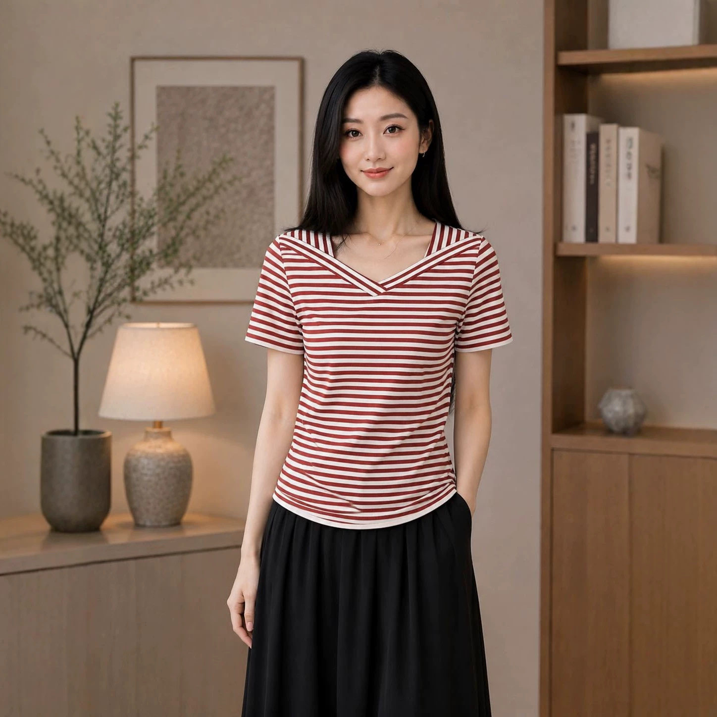 夏装洋气休闲百搭显瘦减龄女士v领条纹短袖T恤上衣妈妈装通勤女装