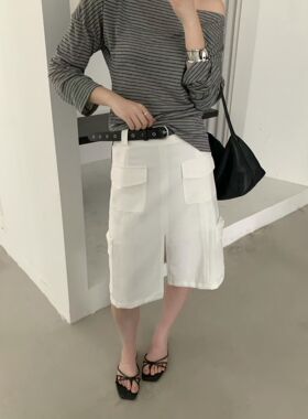 THEM.S3973韩系穿搭复古高腰开叉小众大口袋设计款工装休闲半身裙