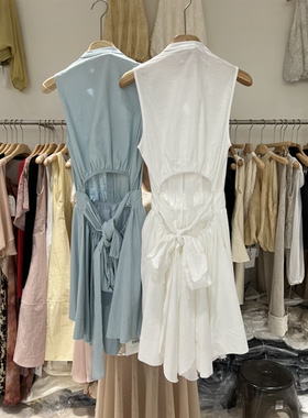 2026夏季新款韩版小立领后背镂空设计系带收腰无袖短款连衣裙女