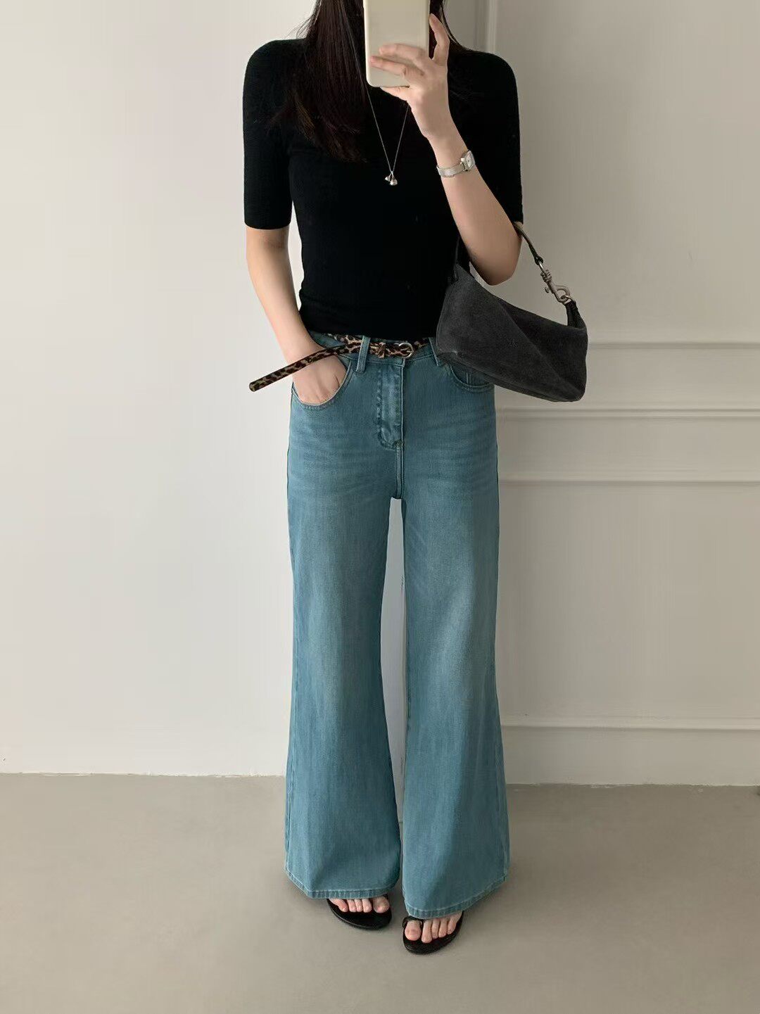 M.S 96100韩版2026春夏新品水洗蓝色气质百搭微喇牛仔裤(配腰带