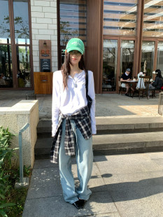 TABLE洋气半开领修身长袖上衣真两件格纹屁帘超韩休闲T恤女61203