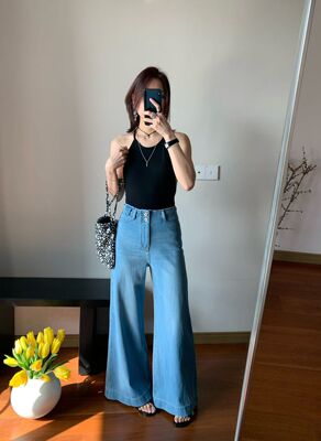 GL韩版春新品高腰遮肉阔腿牛仔裤女四面弹两粒扣显瘦直筒长裤7666
