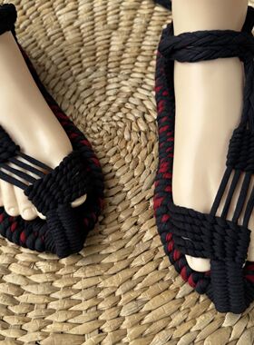 草鞋男款布草鞋土家族特产纯手工编织沙滩鞋系带凉鞋女士凉鞋布鞋