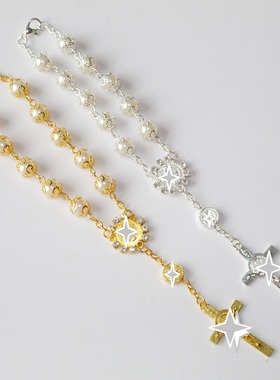 金银色十字架花边玻璃仿珍珠串珠手链10mm串珠饰品挂饰