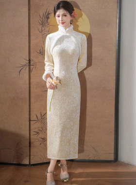 白色冬装加绒加厚国风新中式长款长袖旗袍改良年轻款女复古秋冬季