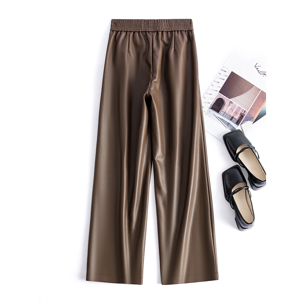 204秋冬新款皮裤女松紧腰阔腿女士皮长裤直筒中高腰大码百搭优雅