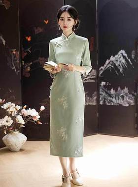 白色国风新中式长款秋季长袖旗袍改良年轻款女高级感复古修身春秋
