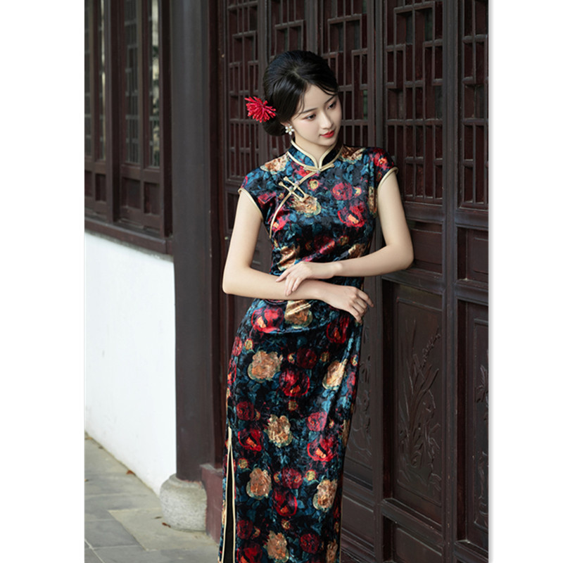 复古中国风长款丝绒无袖旗袍初秋新款改良新中式修身气质旗袍优雅