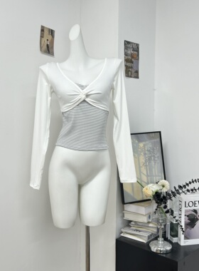 Suuuice 浪漫巴尔曼 假两件扭结设计感条纹长袖T恤撞色针织上衣