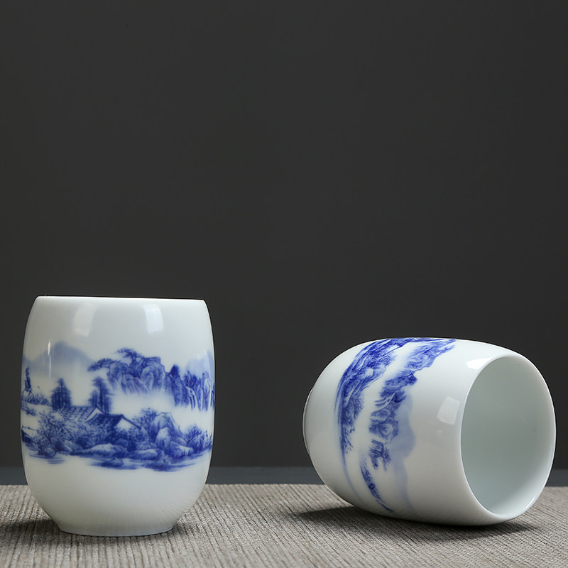 茶杯陶瓷大号功夫茶杯山水青花瓷日式杯主人杯高白瓷杯啤酒杯家用