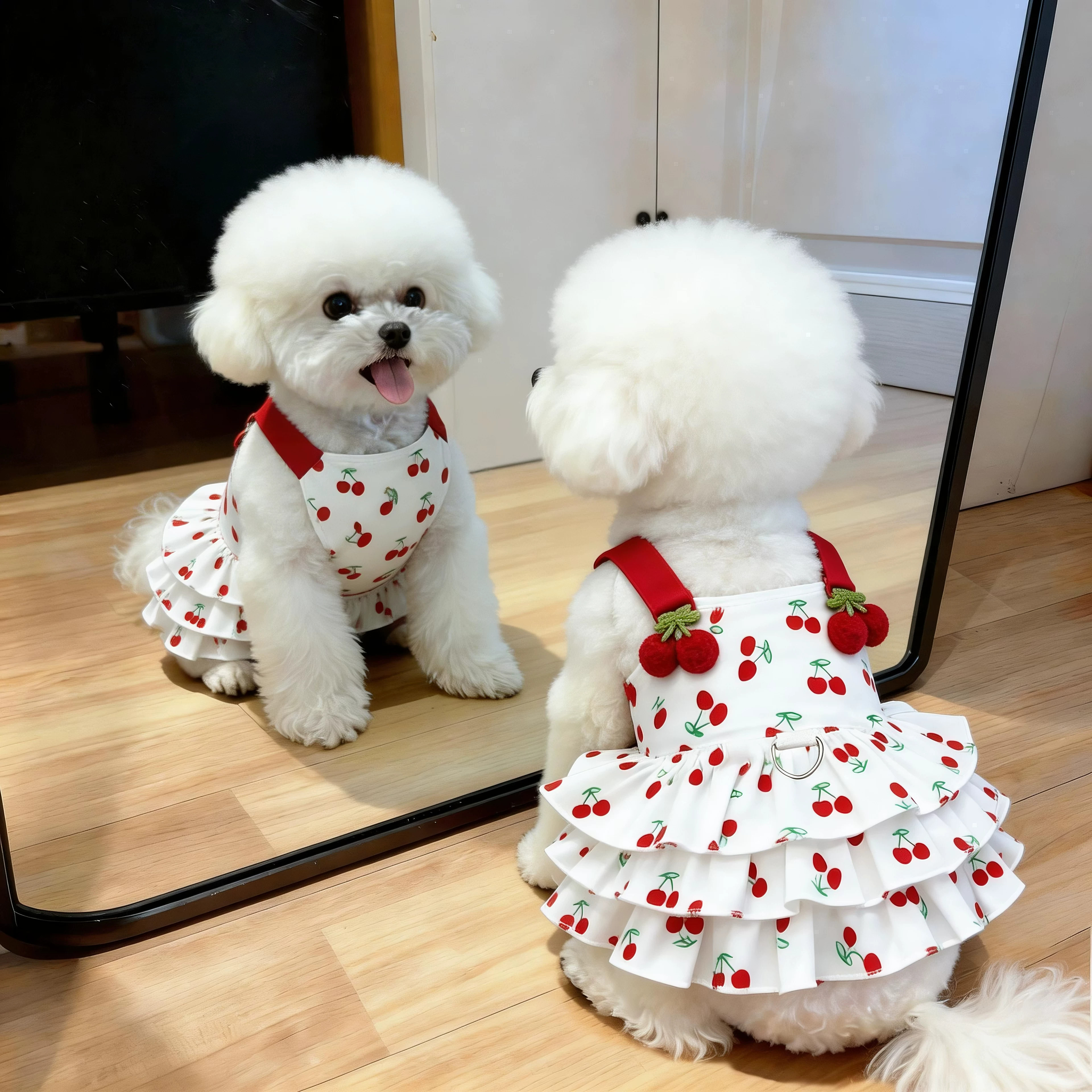 狗狗衣服夏季樱桃吊带裙薄款甜美可爱风连衣裙比熊泰迪透气蓬蓬裙