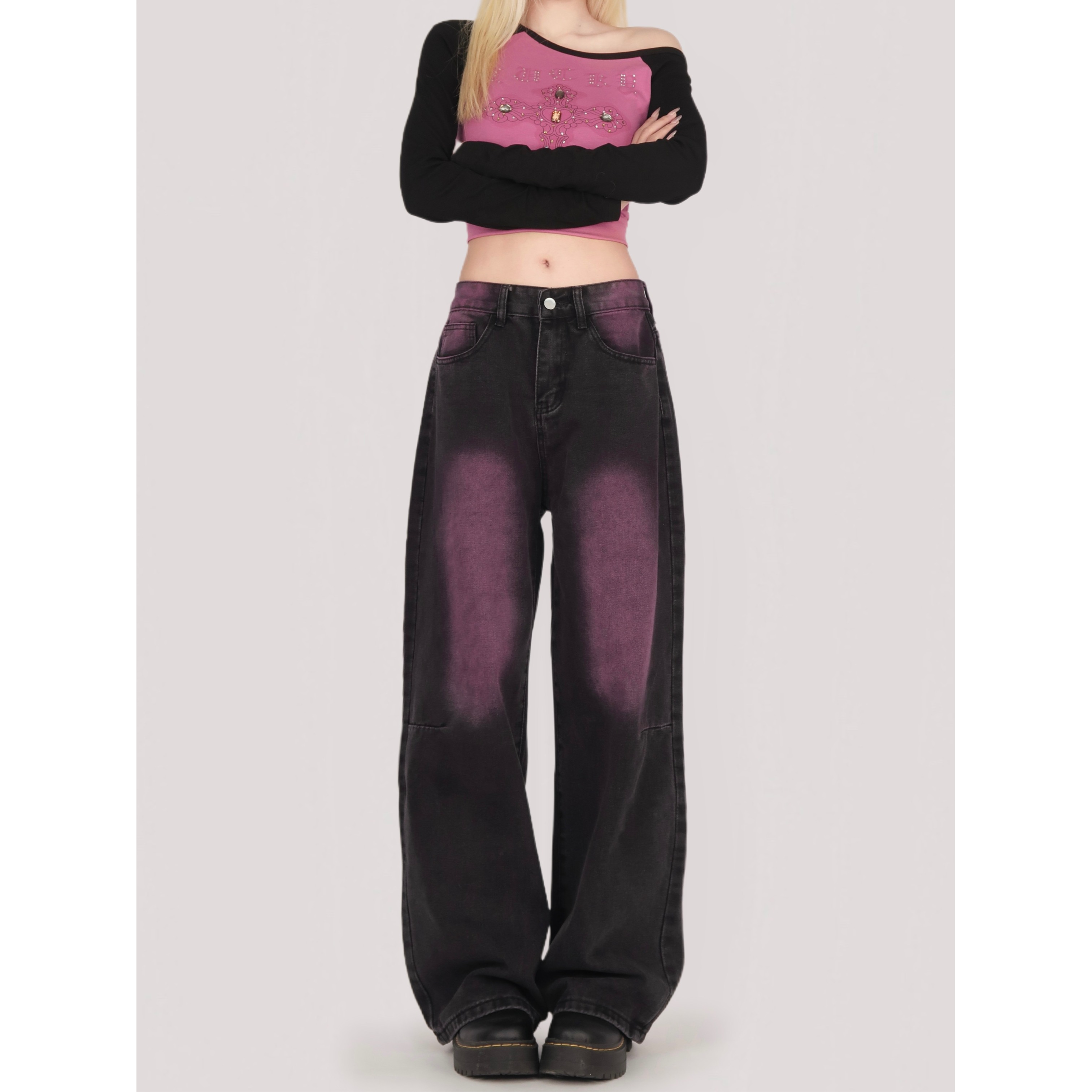 9004-P42水洗新款涂鸦洗水牛仔裤女复古设计感直筒阔腿长裤，女装牛仔裤，电商A306A